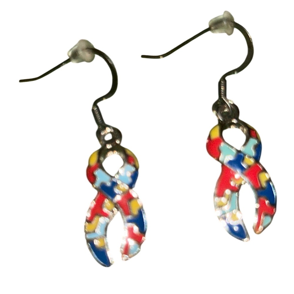 Autism Awareness Puzzle Piece Ribbon Enamel Drop Earrings Silver Tone Multicolor